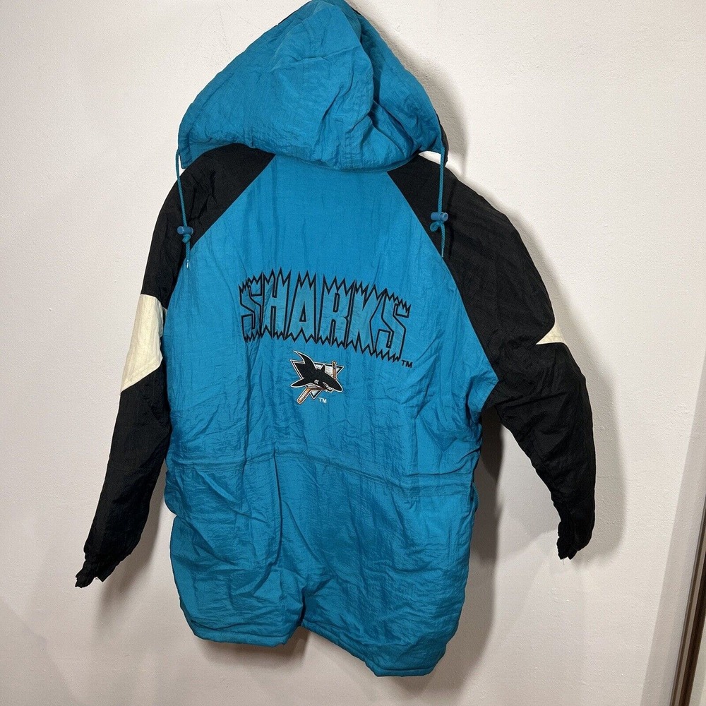 VINTAGE NHL SAN JOSE SHARKS DOWN JACKET HOCKEY ICE LOGO 7 SIZE - LARGE Teal Blue